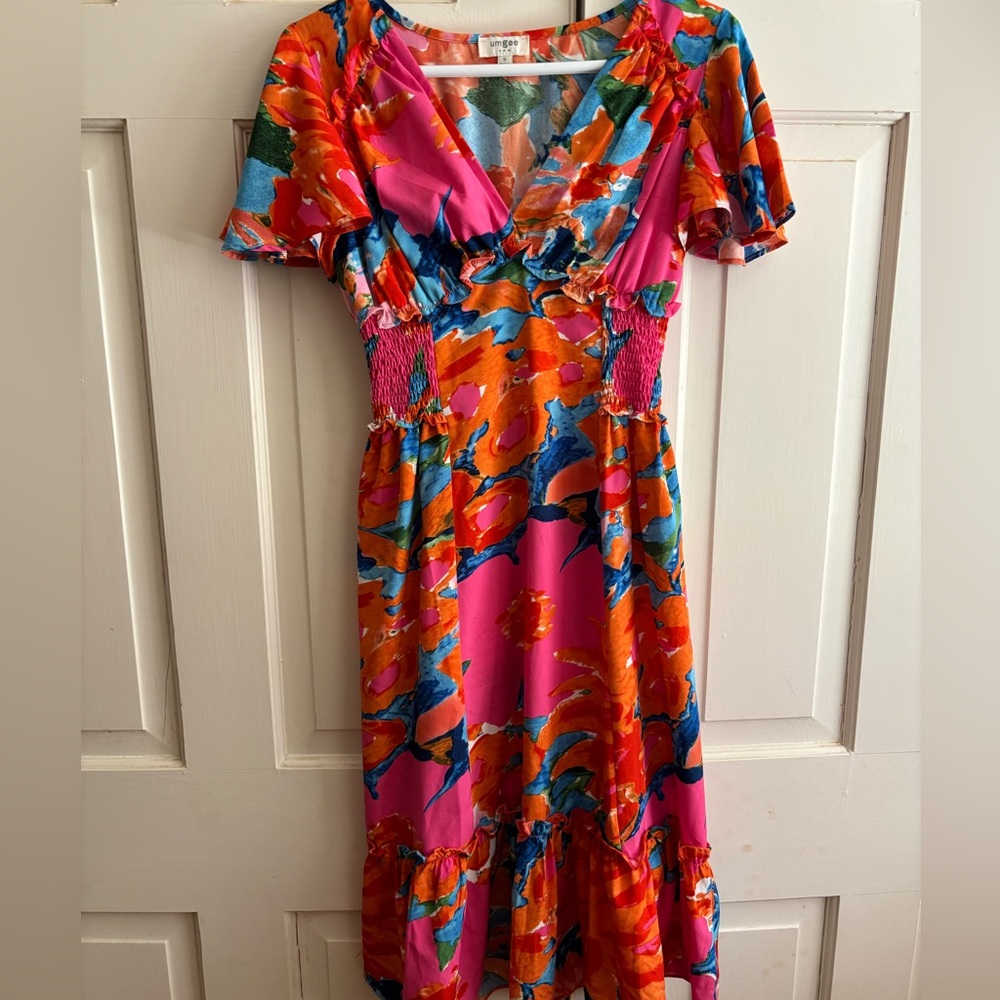 Umgee Orange and Pink Flutter Sleeve Midi Dress